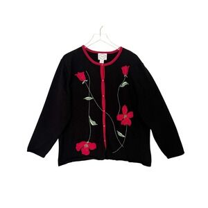 NWT 2X Vintage Stitches In Time Black Cardigan‎ with Red Floral Embroidery